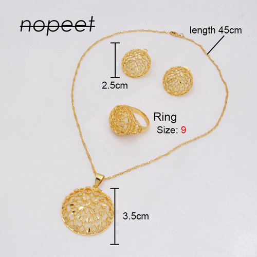 NOPEET Dubai Gold Jewelry Set African Wedding Accessories Indian Bride Necklace Earrings Ring Three-Piece Set