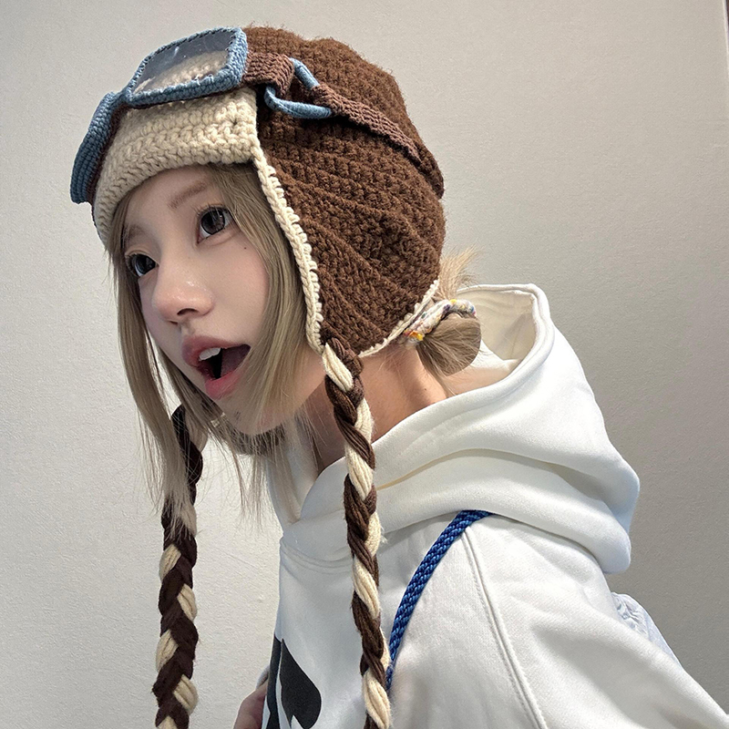 檀健次同款眼镜可拆卸毛线帽子女搞怪护耳针织飞行帽雷锋帽显脸小|undefined
