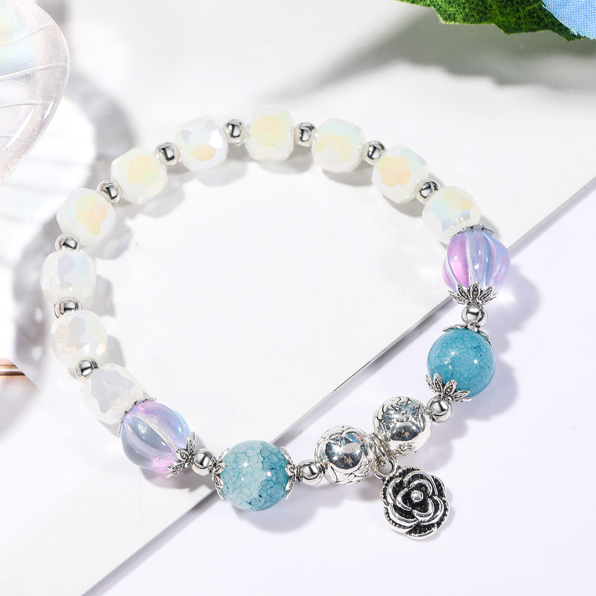 fashion rose beads pink peach blossom running beads bracelet female