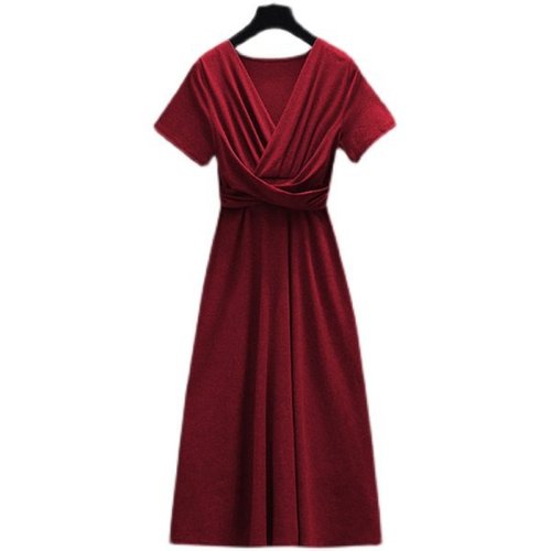 Women's Large Size Summer 2025 Charming Slimming Stylish Pleated Solid Color Simple Medium Length Dress
