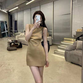 夏季辣妹性感心机露肩连衣裙女修身纯欲无袖背心裙子a字包臀短裙