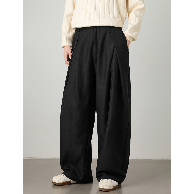 Textured Blended Pleated Drapey Casual Trousers for Men, New Autumn Style Trendy Retro Silhouette Loose Versatile Long Pants