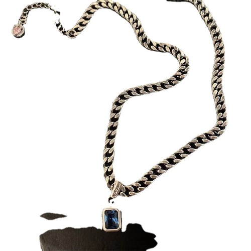 Mysterious Blue Zircon Necklace for Women, Retro Fashion S925 Silver Alphabet Geometric Clasp Necklace, Simple Hip-Hop Sweater Chain