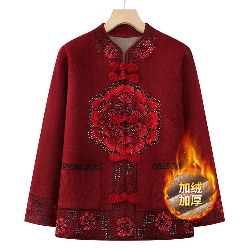 Старик бабушка Тан трикотаж плюс бархат красный натальный год пряжка подарок на день рождения одежда старуха 80 лет пальто
