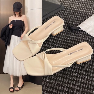 High Heels for Women 2025 Summer New Style French Niche Square Toe Thick Heel One-Strap Sandals for Outer Wear Versatile Slippers