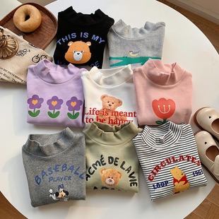 2025 Autumn and Winter Kidsren's Cotton Brushed Turtleneck Bottoming Shirt for Boys and Girls Korean Printed Mid-Collar Long-Sleeved T-Shirt Autumn Coat