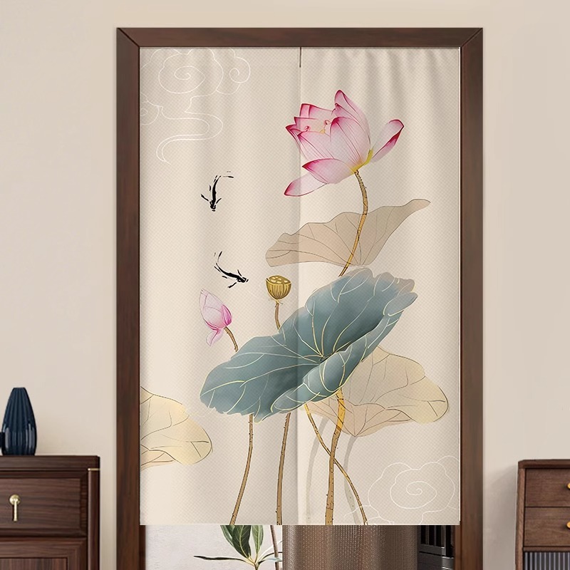 Chinese Lotus Door Curtain Bathroom Partition Curtain Toilet Lotus Punch-Free Half Curtain Feng Shui Blocking Curtain Half Curtain