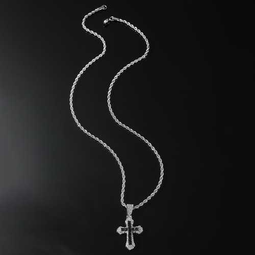 Trendy European and American Men's Full-Diamond Cross Necklace, Men's Stainless Steel Twisted Chain, Stylish Hip-Hop Long Sweater Chain Jewelry