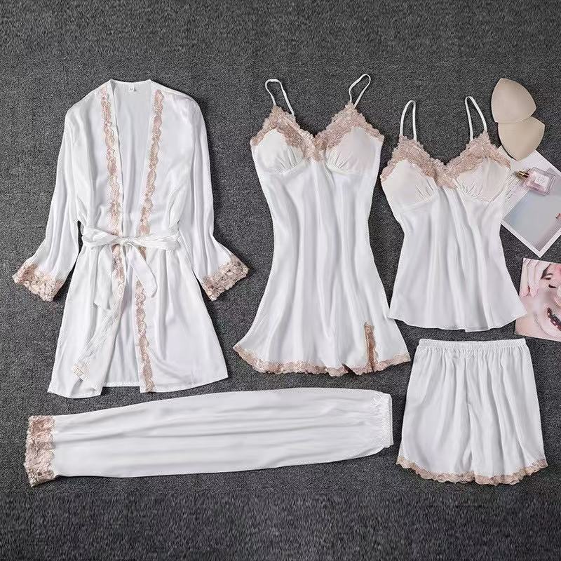 Cross-Border Supply Imitation Silk Pajamas Sexy Underwear Five-Piece Set Suspenders Women's Home Clothes Bathrobe Nightgown Large Size