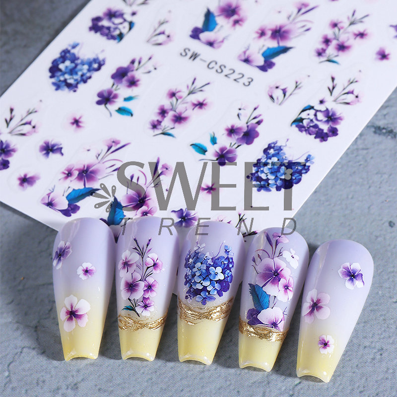 Ventas transfronterizas de pegatinas de uñas al por mayor primavera y verano nuevas flores secas de acuarela flor de lavanda pegatinas de uñas 3D