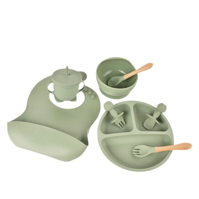Dumo, vajilla de rejilla dividida de silicona para niños, babero, tenedor, cuchara, cuenco de alimentos, taza de agua, vajilla de alimentación para bebés, juego de ocho piezas