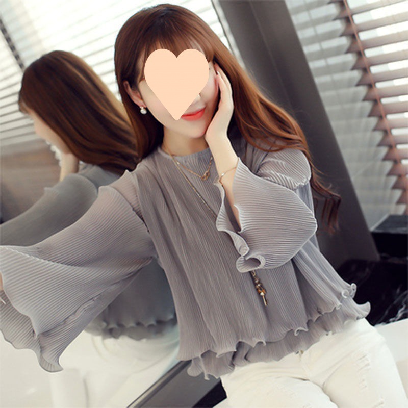 Chiffon shirt for women with small size sexy nine-point flared sleeves ruffled large size women's slim and versatile short shirt fairy