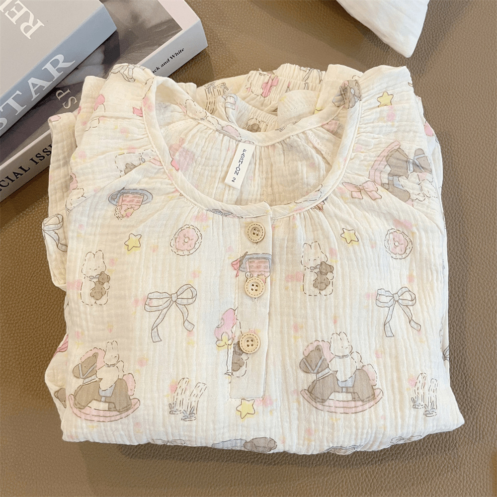 Double-layer Pure Cotton Gauze Pajamas Women's Spring and Autumn New Long-sleeved Japanese Style Sweet Cute Girl's Summer Bunny Home Clothes