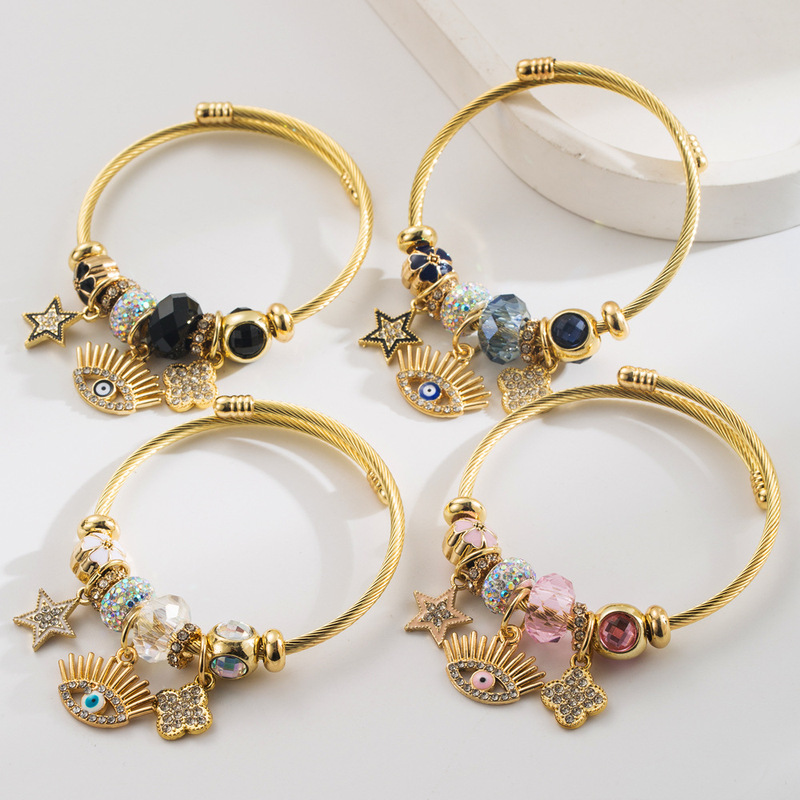 Cross-Border European and American Fashion Internet Celebrity Devil's Eye Pendant Bracelet Alloy Oil Dripping Diamond Star Four-Leaf Clover Bracelet Cross-Border European and American Fashion Internet Celebrity Devil's Eye Pendant Bracelet Alloy Oil Dripping Diamond Star Four-Leaf Clover Bracelet