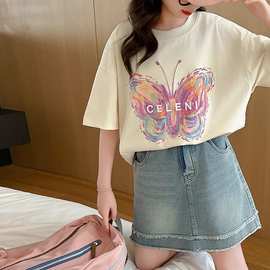 女童短袖T恤夏装大儿童纯棉夏季体恤衫9小女孩蝴蝶印花半袖上衣薄