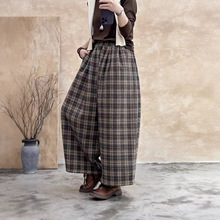 娜美服饰文艺复古格子休闲裤女25年冬季新款松紧腰系带宽松哈伦裤