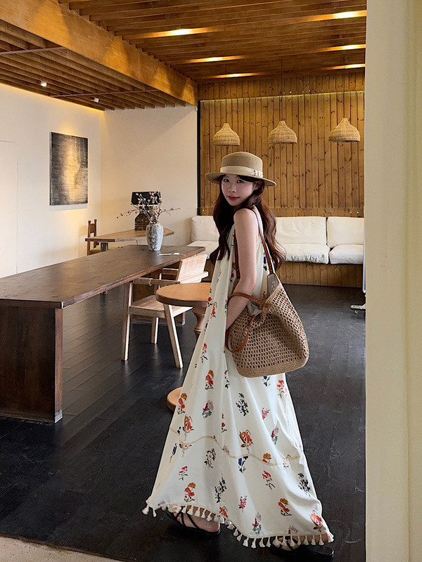 Im Midsummer Evening Breeze 'Ramie Shell Tassel Seaside Vacation dress Loose Beaded Sling Long Dress