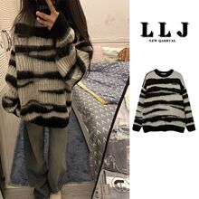 撞色条纹慵懒风复古毛衣针织衫女秋冬新款软糯马海毛宽松显瘦外搭
