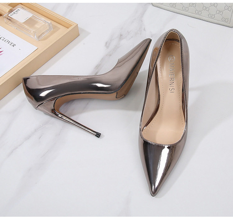 Giày cao gót mũi nhọn gót thanh mảnh 12 cm phong cách Pháp, cỡ lớn — Màu bạc, Màu vàng, Màu vàng sâm panh, Màu đậm chi tiết 38