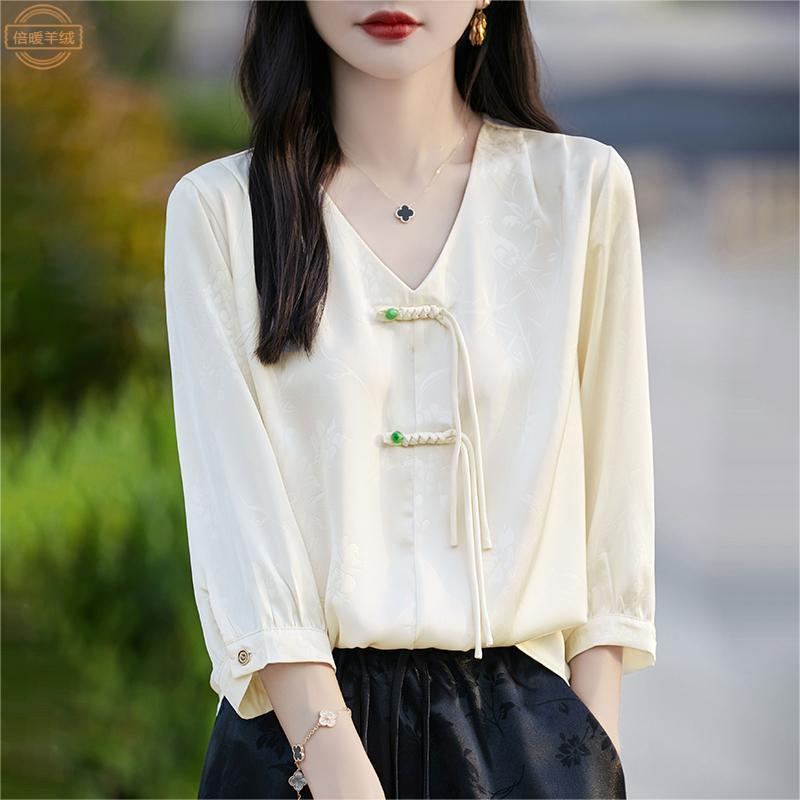 Summer New Chinese Style National Style V-neck Seven-sleeve Shirt Women's Summer New Silk Shirt Slim-fit Thin Top