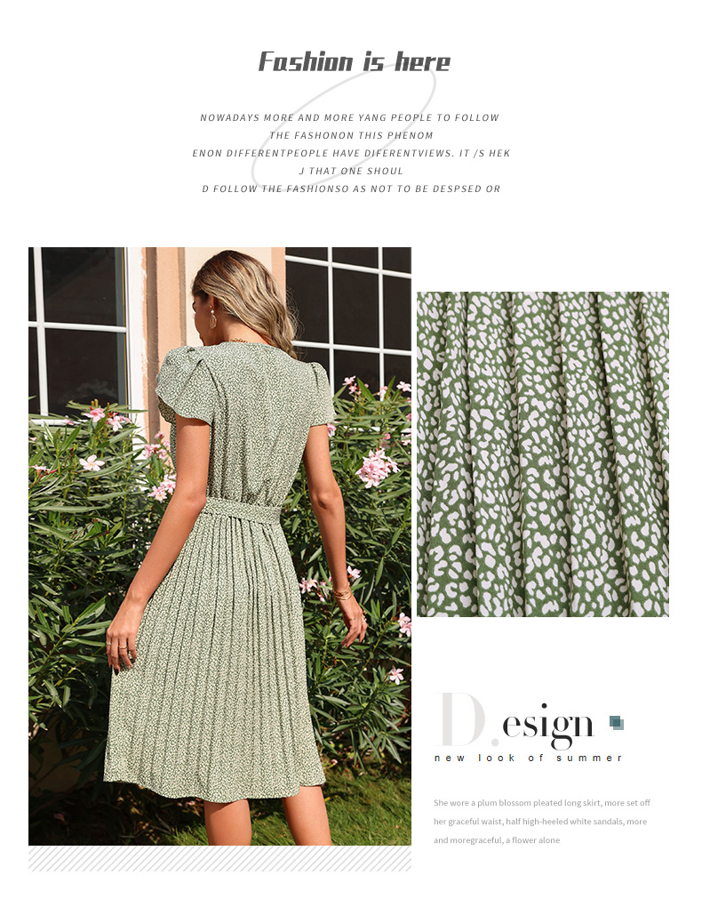 Printed Green Pleated V-neck Dress - Dresses - Uniqistic.com