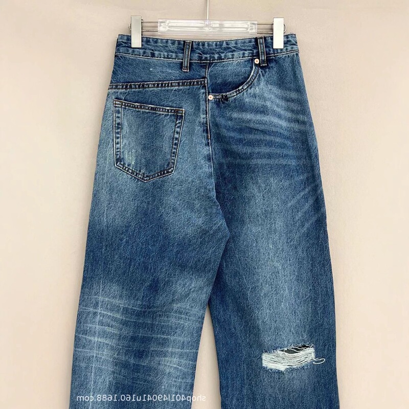 Nanyou High-End 25 Spring/Summer Deconstructed Patchwork Street Style Vintage Washed High-Waisted Straight-Leg Ripped European Version Women's Jeans