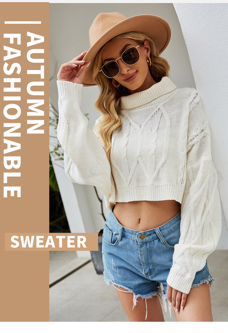 solid color turtleneck short cable loose knitted sweater nihaostyles clothing wholesale NSYH82930