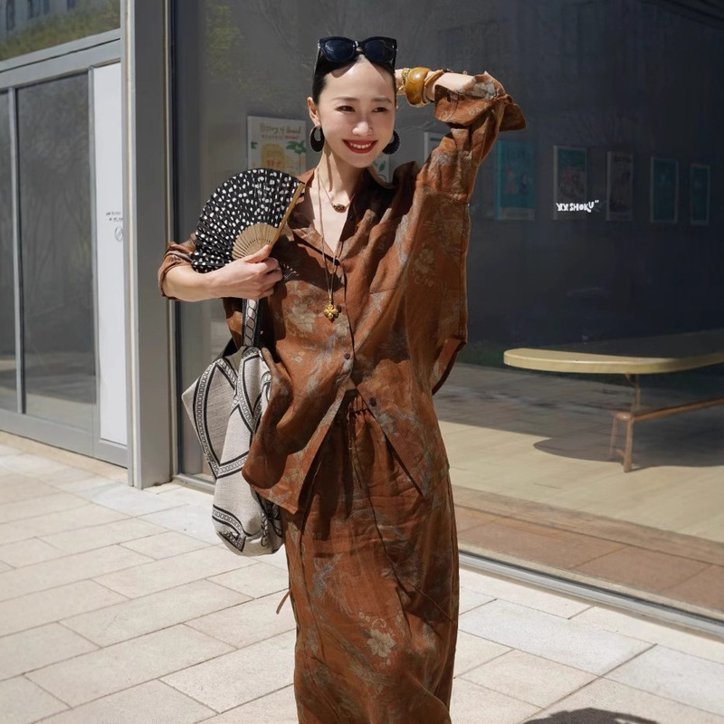 2026 Early Spring Two-Piece Elegant Set, Lazy Ramie Printed Shirt C0705, Skirt, Old Money Style Outfit