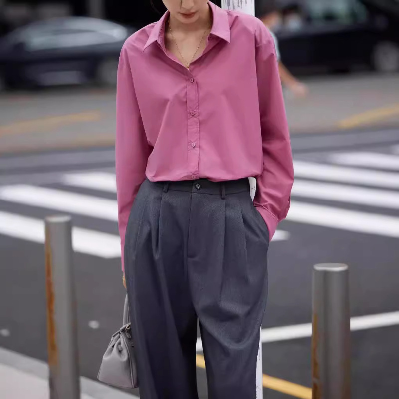 女性用の既製の綿シャツ、女性用の新しいスタイルの綿クラインブルールーズシャツジャケット|undefined