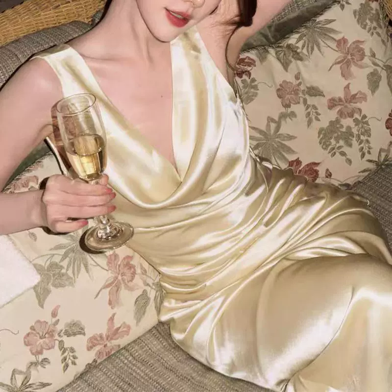 一枝南南明星网红同款美背荡领醋酸晚宴年会敬酒礼服2026春夏新款