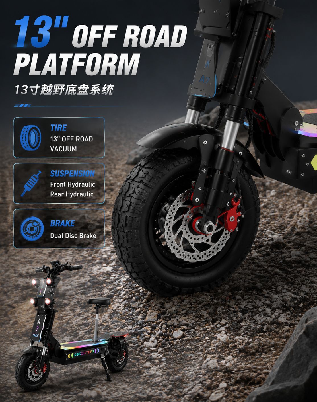 72V Dual Motor Electric Scooter for Adults 5000W×2 High Power 13inch Off-Road Foldable Electric Scooter with Seat