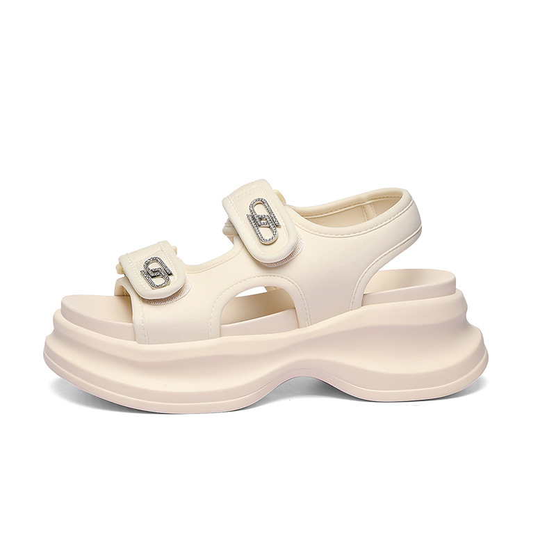 Sandal nữ đế xốp dày buộc Velcro hở mũi phong cách La Mã — Màu be 1982, 1982 màu đen