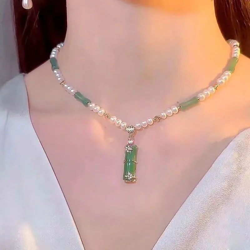 2025 New Bamboo Pendant Pearl Necklace Women's Niche Design High-End Clavicle Chain Popular Same Style Necklace