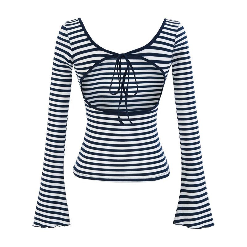 Navy Blue Stripesd Long-Sleeved T-Shirt for Women Early Autumn 2025 New Style Back Cut Out Back Strap Slim Large U-Neck Top