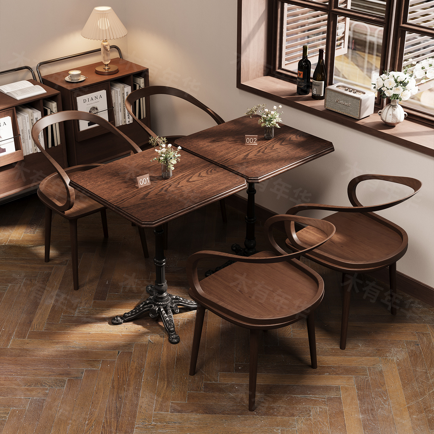 Mesa y silla de pastelería estilo retro americano café y té restaurante dulces tienda de agua de azúcar mesa redonda bar asiento de madera sólida comercial