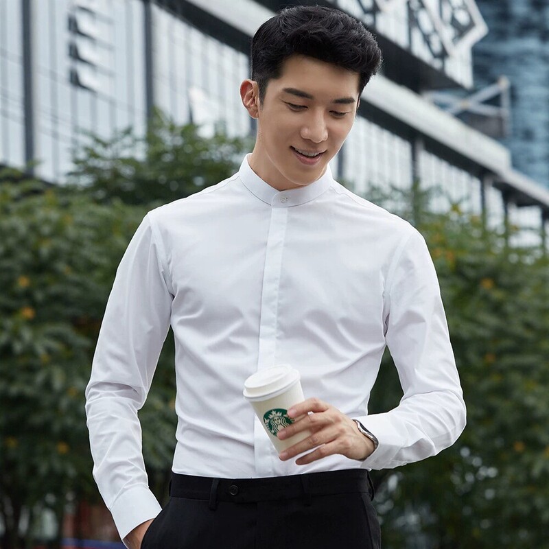 Bamboo Fiber Men's Non-Iron Stand-Up Collar Shirt, Long-Sleeved Stretchy Business Formal White Shirt, Slim Fit Professional Workwear Style