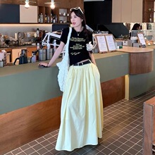 韩系套装美式字母印花短袖正肩T恤女装夏季A字半身裙慵懒风两件套
