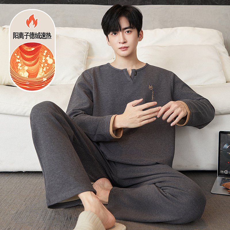 Silk Wool Velvet Men's Pajamas Autumn and Winter Long-Sleeved Suit Youth Heat Storage Warm Round Neck Casual Home Wear Silk Wool Velvet Men's Pajamas Autumn and Winter Long-Sleeved Suit Youth Heat Storage Warm Round Neck Casual Home Wear