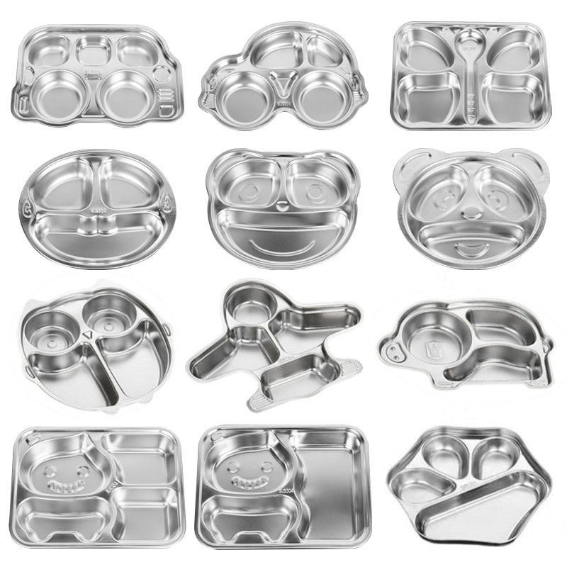 304 Stainless Steel Anti-Fall Dinner Plate, Kindergarten Divided Plate, Baby Eating Bowl, Kidsren's Cartoon Dinner Plate
