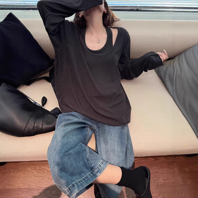 Korean-Style Fake Short-Sleeve Two-Piece Long-Sleeve T-Shirt for Early Autumn, Loose and Relaxed, High-End Chic, Super Stylish, Can Be Worn Alone