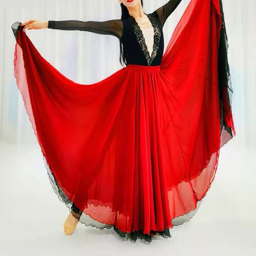 A 720-degree double-layer Tencel flowing maxi skirt, Chinese classical ethnic dance practice costume, showcasing a long skirt.