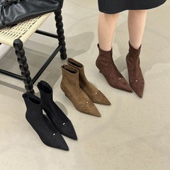 跟高5CM~2025年秋冬绒面尖头细跟瘦瘦靴女弹力靴高跟鞋短筒踝靴女