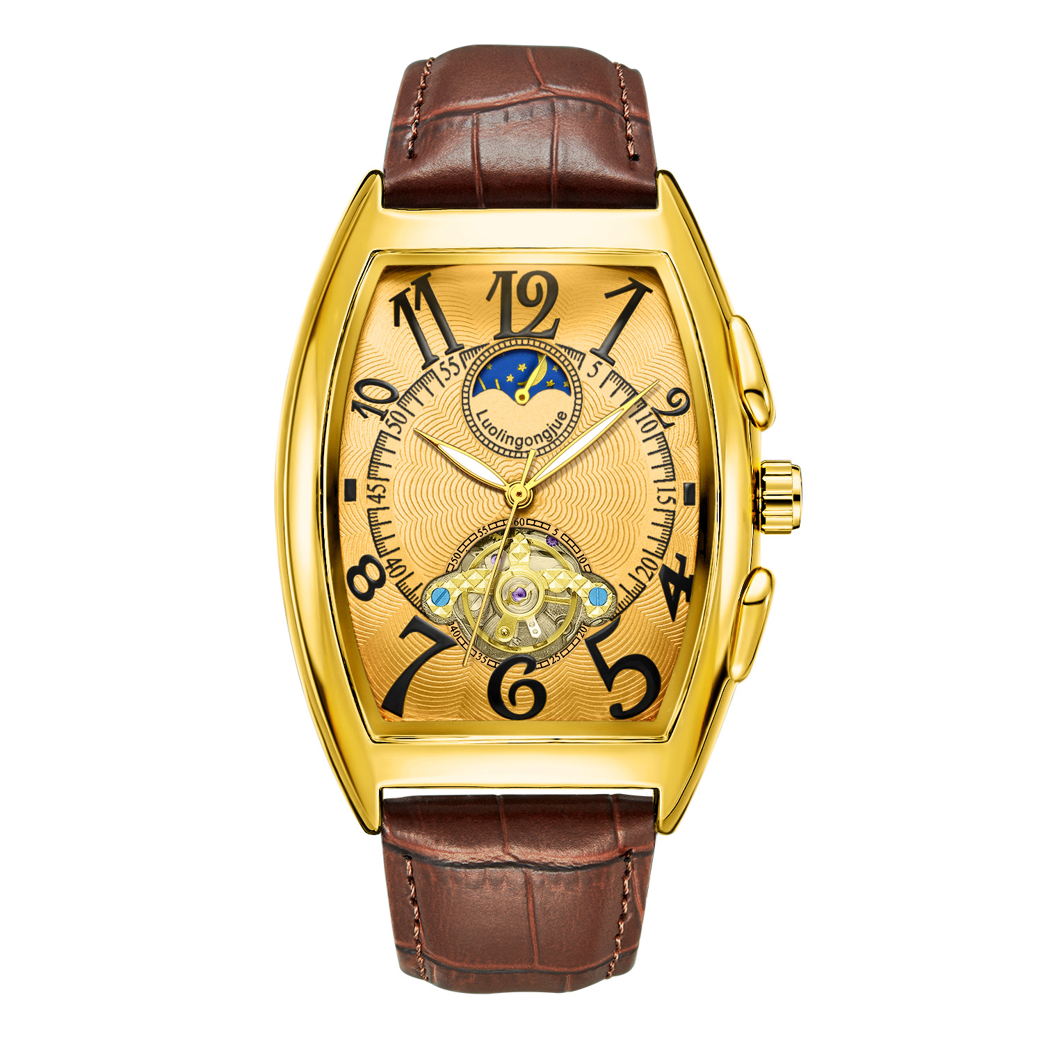 ワイン樽型全自動ホイール中空機械式時計メンズビジネスシンプルファッション多機能時計卸売