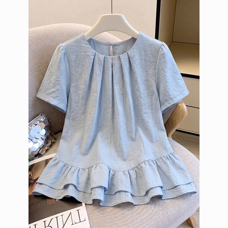 Blue Regular Shoulder Round Neck Loose Short-Sleeve Shirt for Women 2026 New Summer Ruffle Hem Babydoll Top Without Blue Regular Shoulder Round Neck Loose Short-Sleeve Shirt for Women 2026 New Summer Ruffle Hem Babydoll Top Without