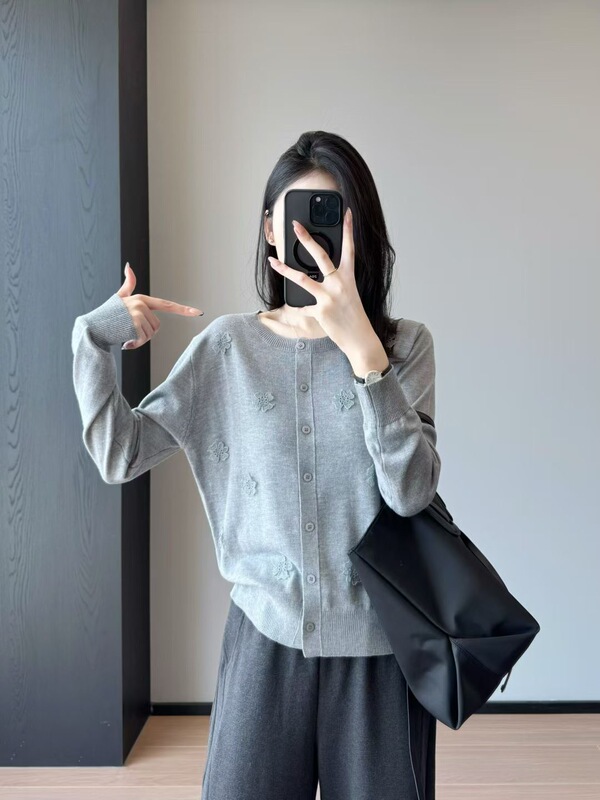 氛围感！温柔立体蕾丝花朵针织开衫时尚羊毛上衣外套秋女K0851M|undefined