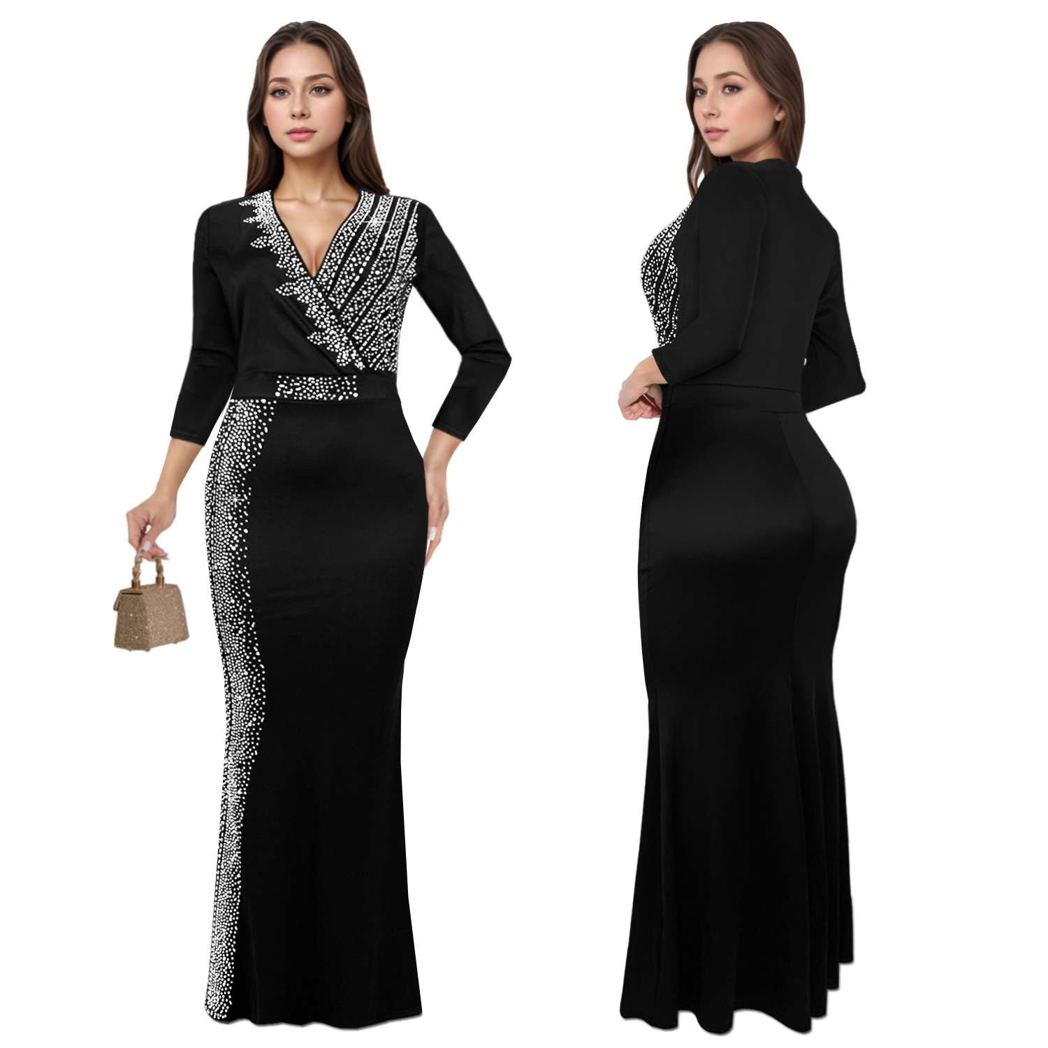 Vestido elegante con pedrería, manga media y cuello en V para mujer, estilo europeo y americano, de moda, para AliExpress y Amazon, modelo C7290 transfronterizo.