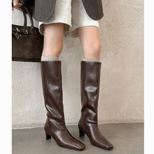 牛皮中跟骑士靴女高筒长靴子秋冬新款真皮方头方跟及膝靴女直筒靴
