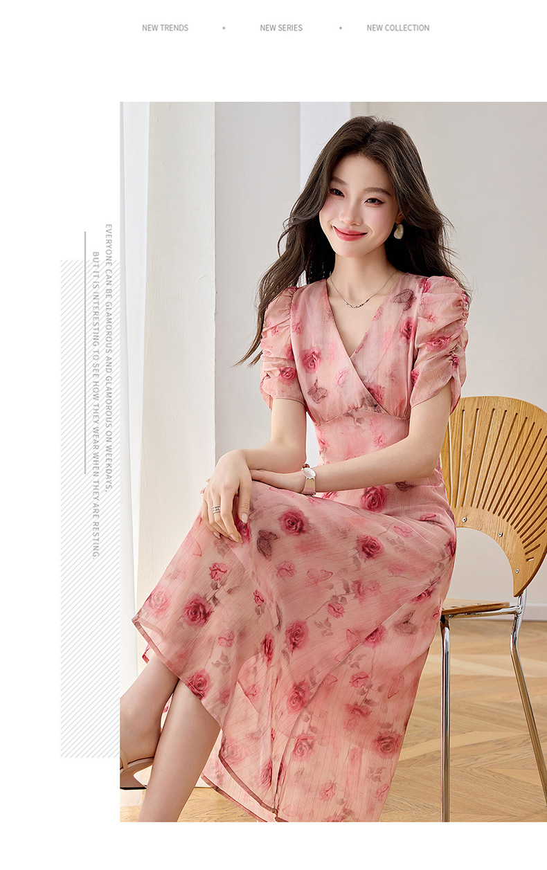 Đầm maxi nữ cổ V thắt eo in hoa dáng dài WA9513 — Hoa hồng chi tiết 13