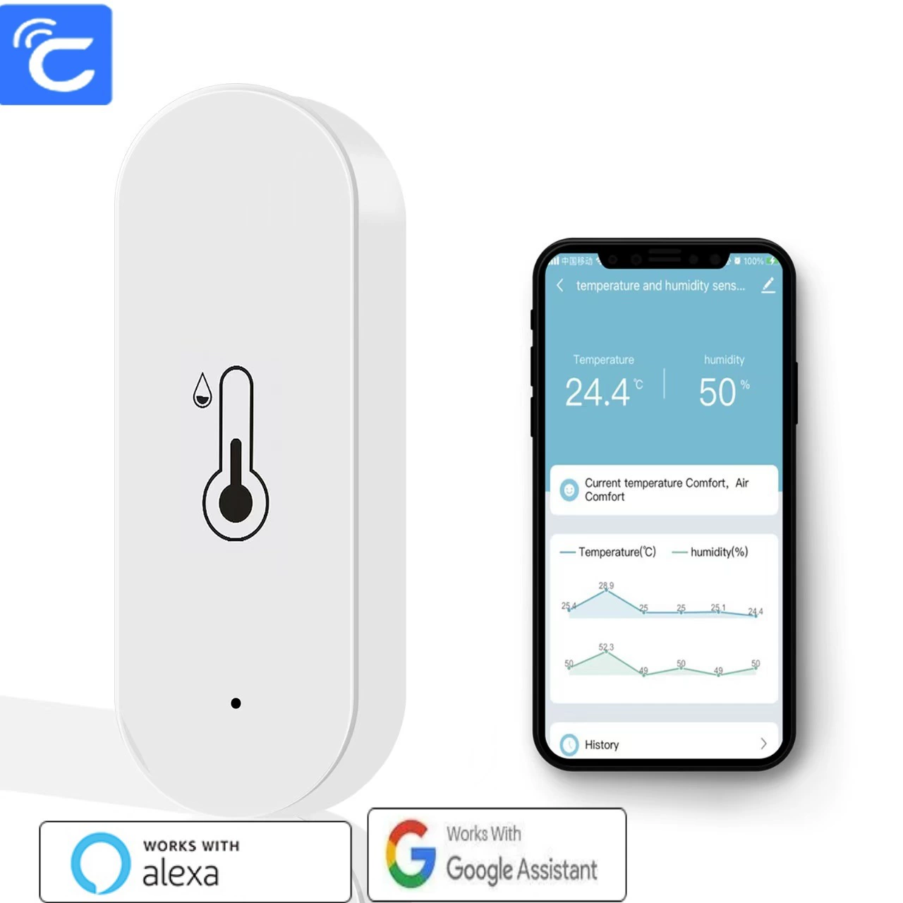 Измеритель температуры и влажности Cozylife Низкое энергопотребление WIFI Измеритель температуры и влажности Интеллектуальный удаленный мониторинг Поддержка Alexa Google