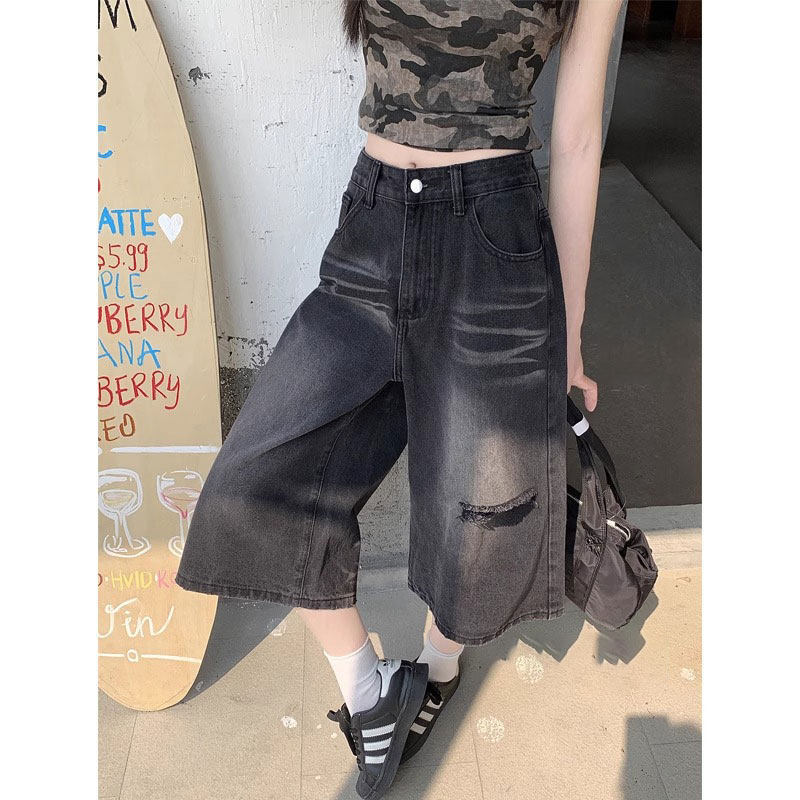 Plus-size vintage washed denim cropped pants for women, summer casual high-waisted loose wide-leg pants Plus-size vintage washed denim cropped pants for women, summer casual high-waisted loose wide-leg pants
